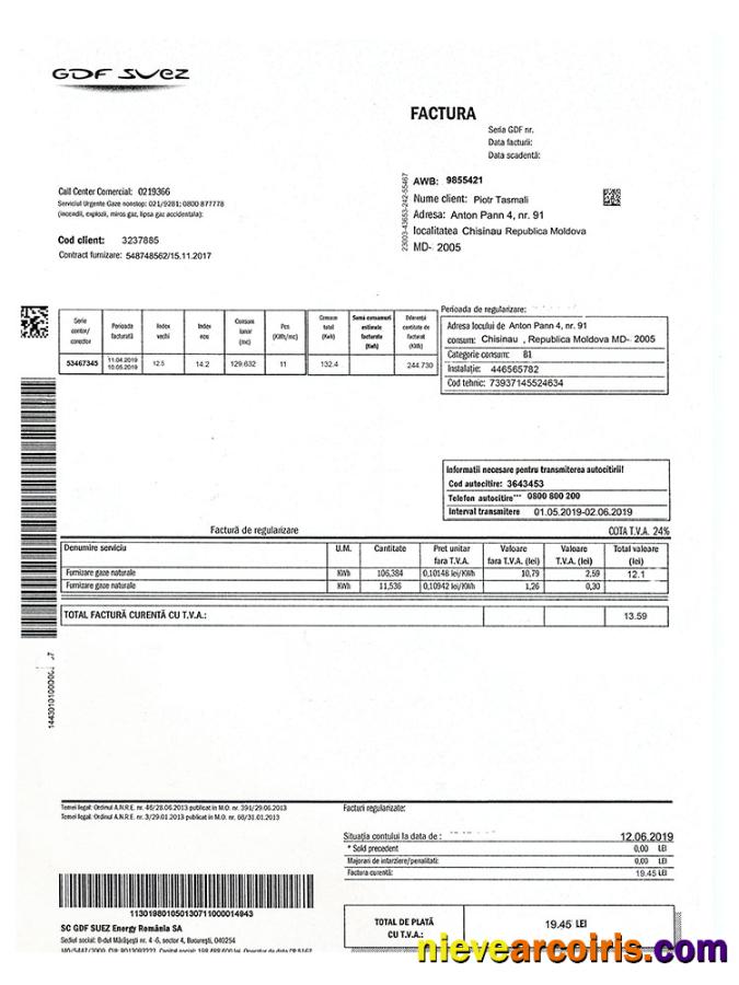 Moldova Gas utility bill